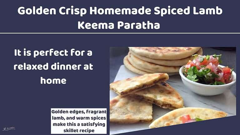 An image of flatbread, Spiced Lamb Keema Paratha on a white platter