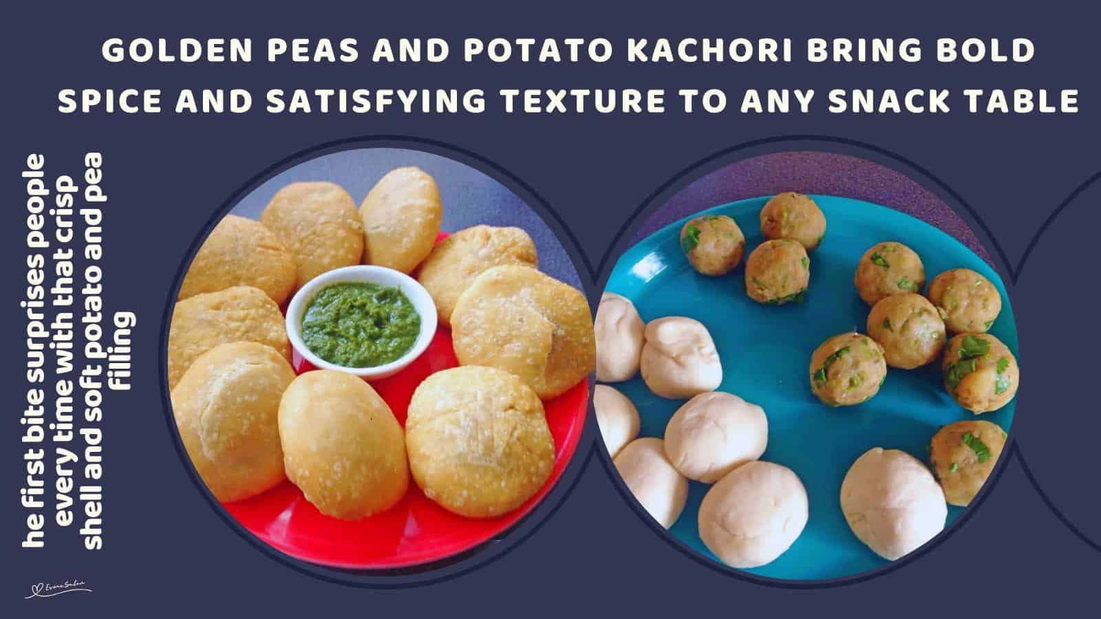 An image of a blue and red platter with Golden Peas and Potato Kachori