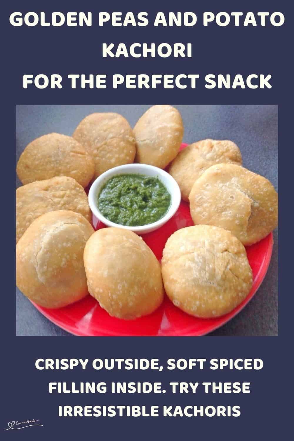 An image of a blue and red platter with Golden Peas and Potato Kachori