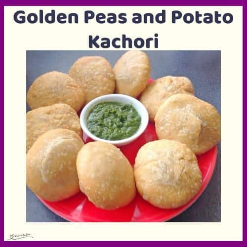 An image of a blue and red platter with Golden Peas and Potato Kachori