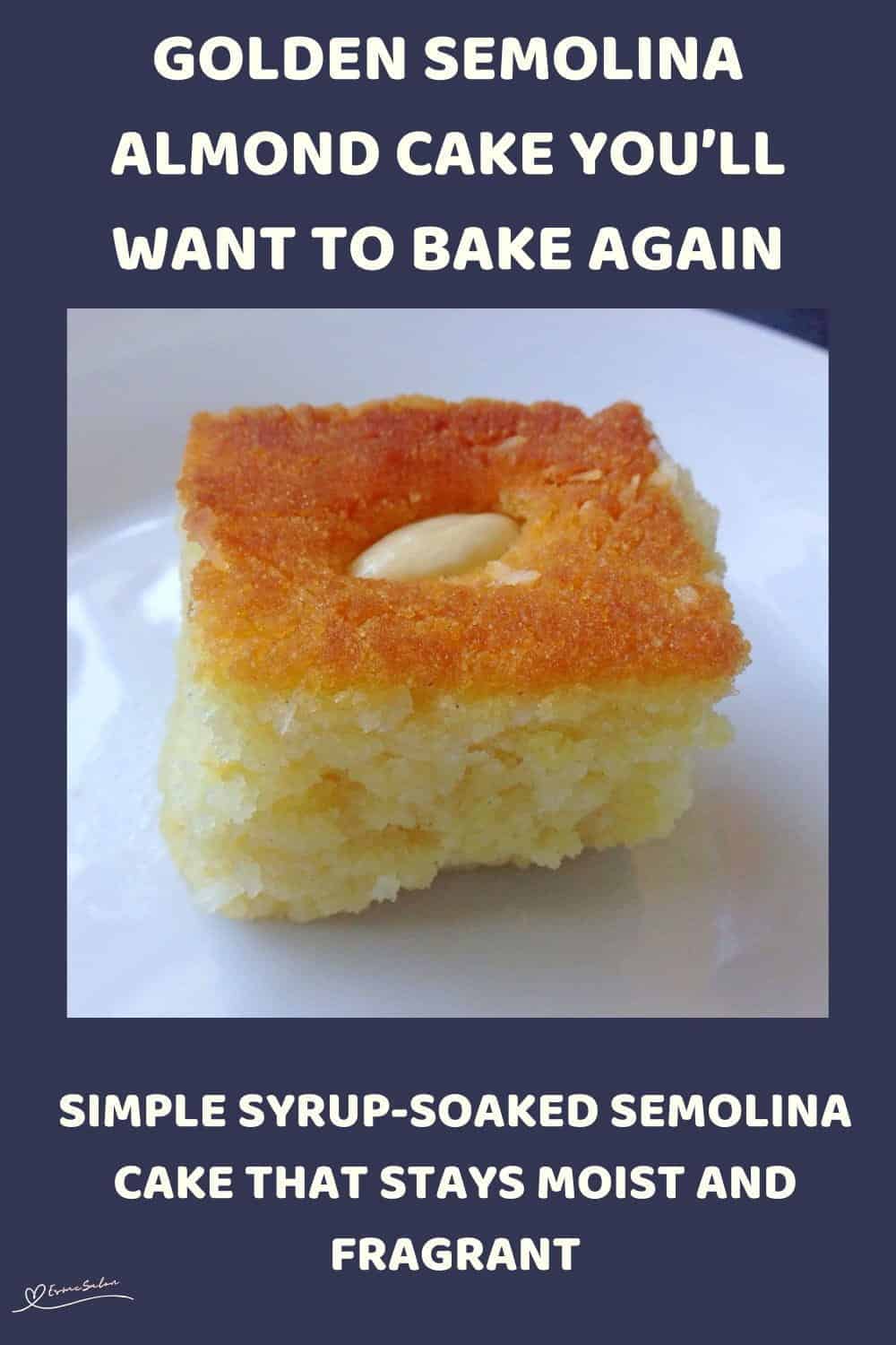 An image of a Golden Semolina Almond Cake in a baking pan, cut into squares with an almond on each
