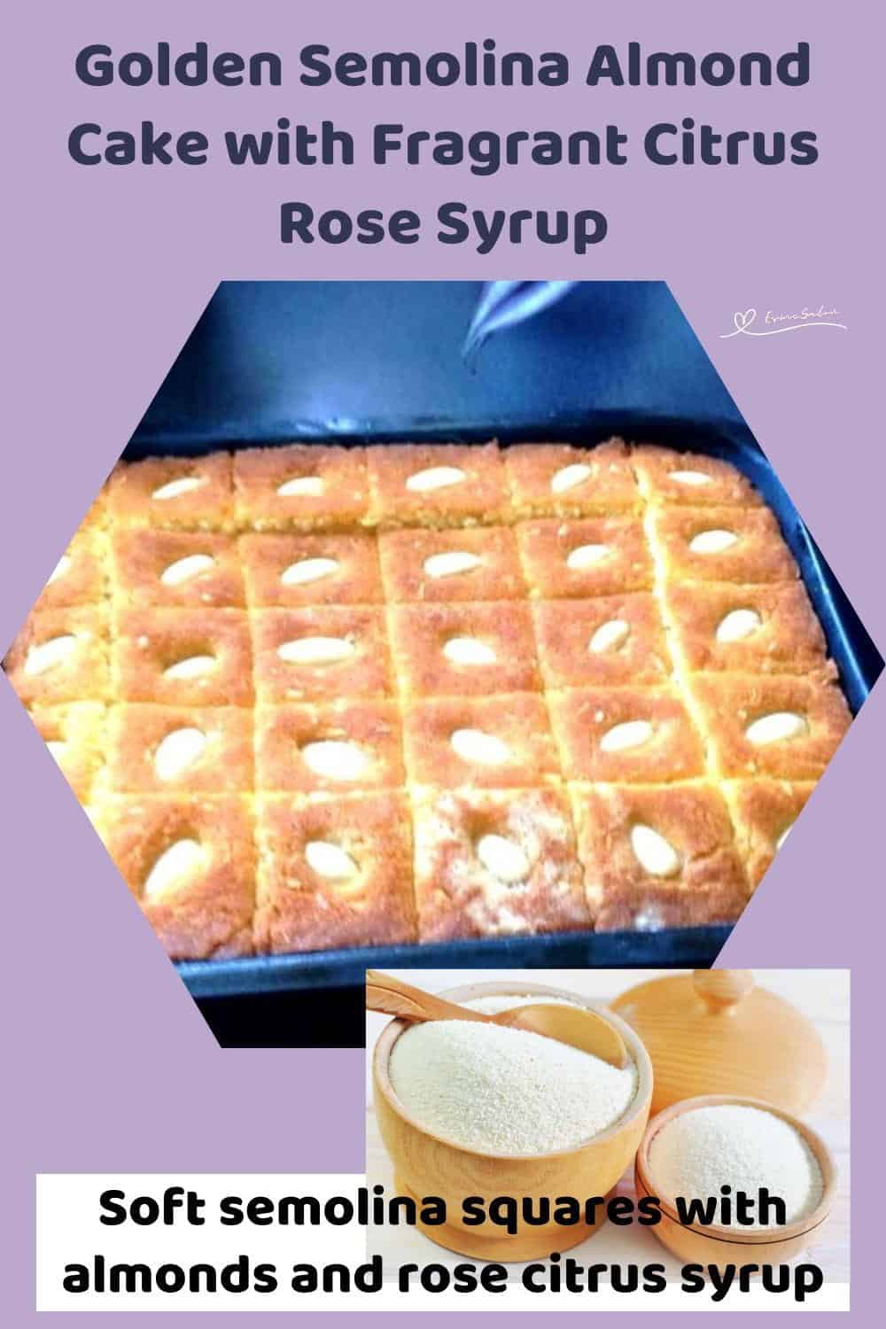 An image of a Golden Semolina Almond Cake in a baking pan, cut into squares with an almond on each