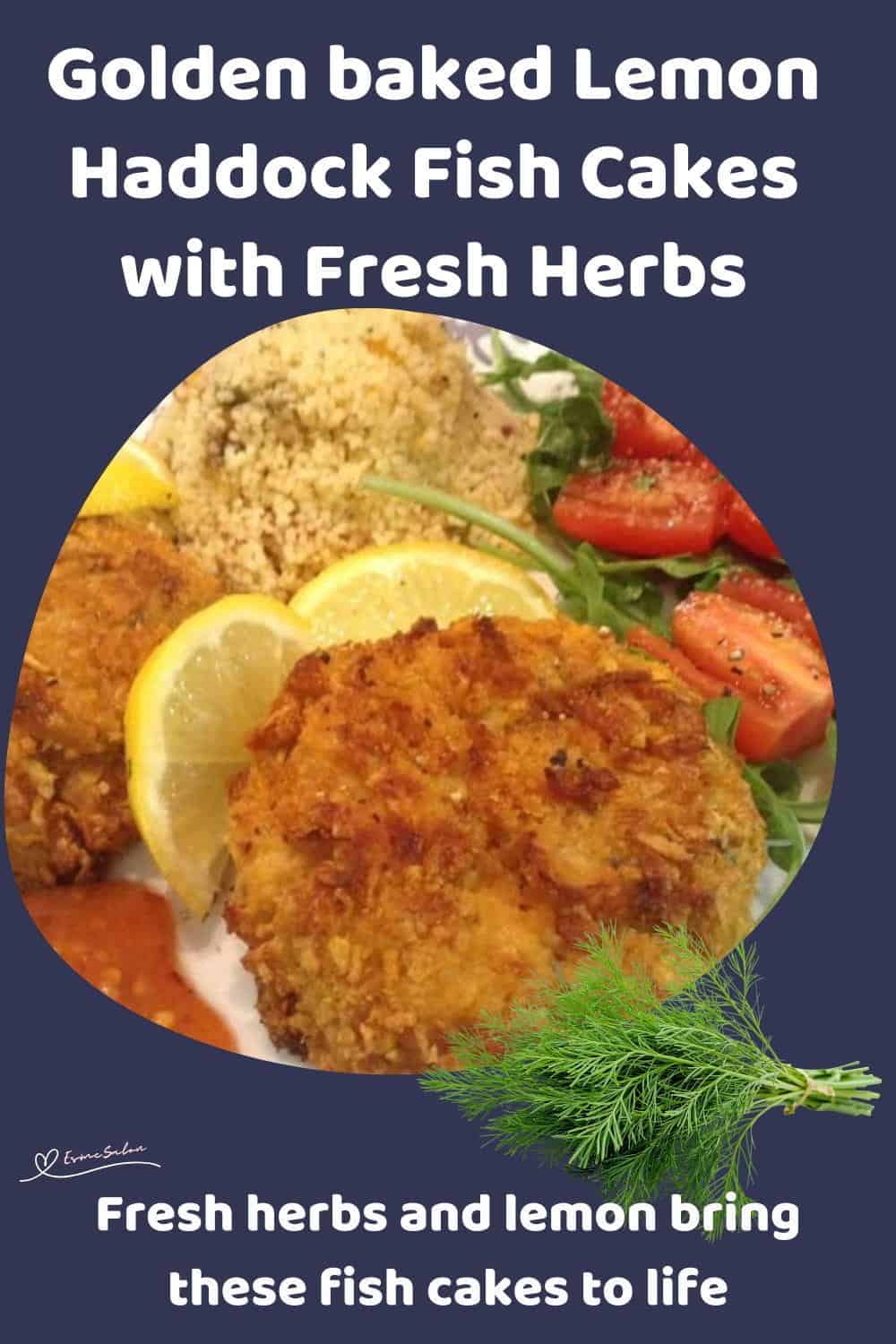 An image of Lemon Haddock Fish Cakes hold their shape and bake up beautifully crisp, served with lemon and couscous