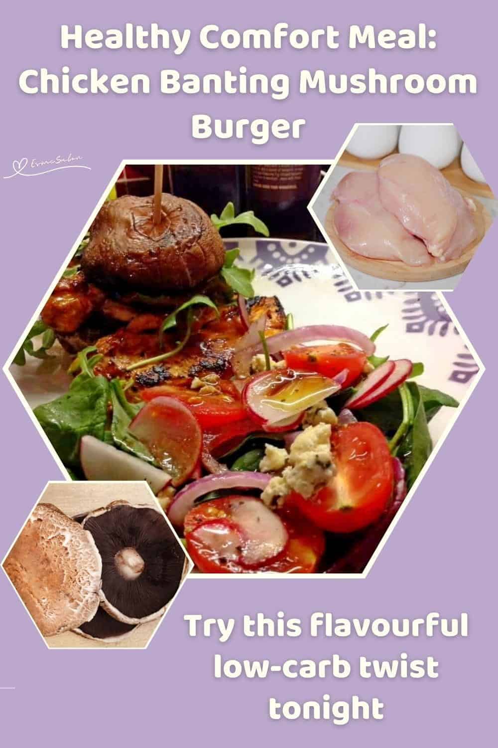 An image of a Chicken Banting Mushroom Burger with aubergine and a fresh salad