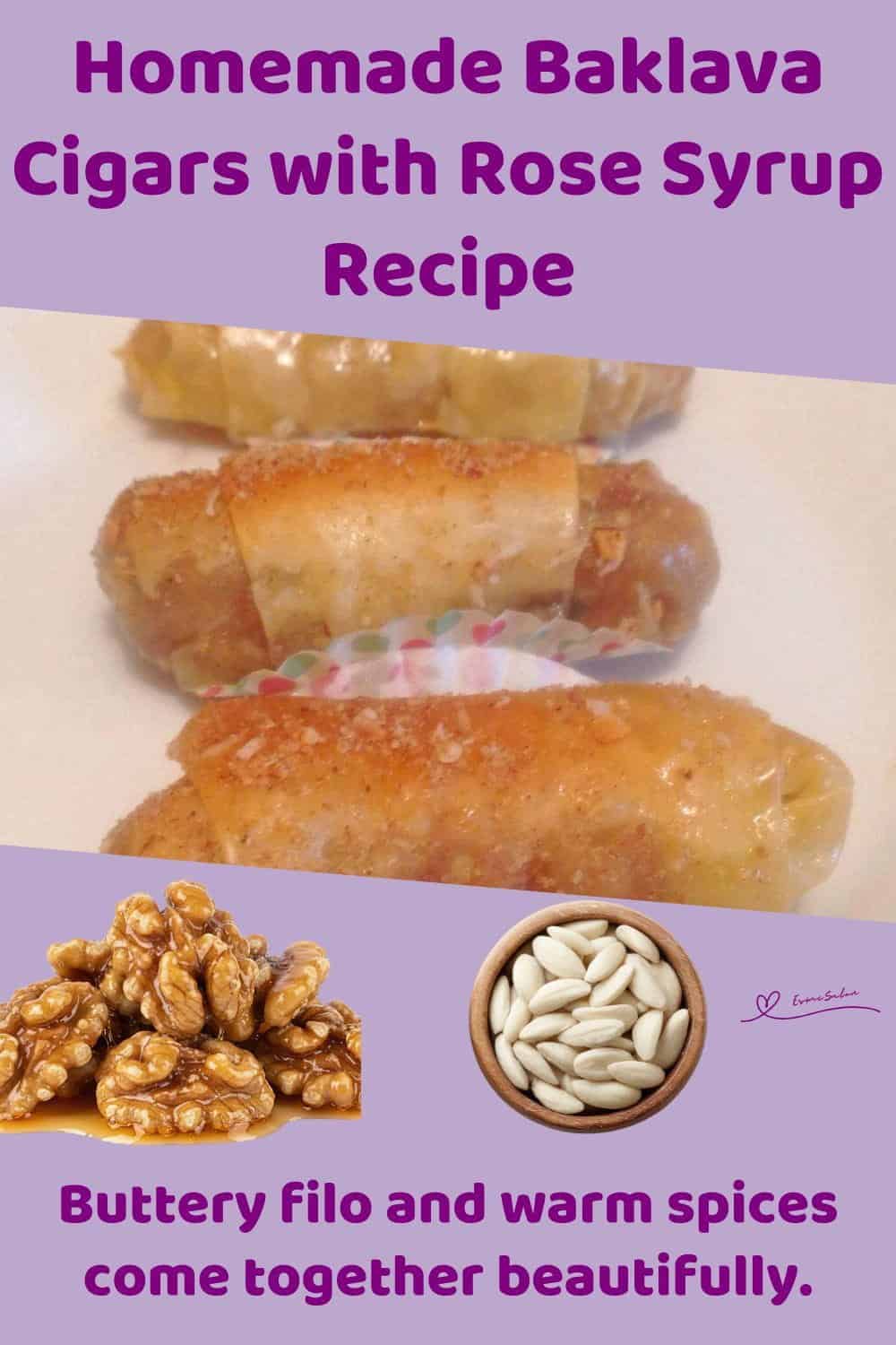 An image of Baklava Cigars with Rose Syrup in a tinfoil pan