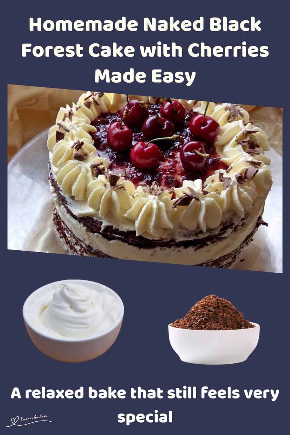 An image of a Naked Black Forest Cake with Cherries and Cream Rosettes