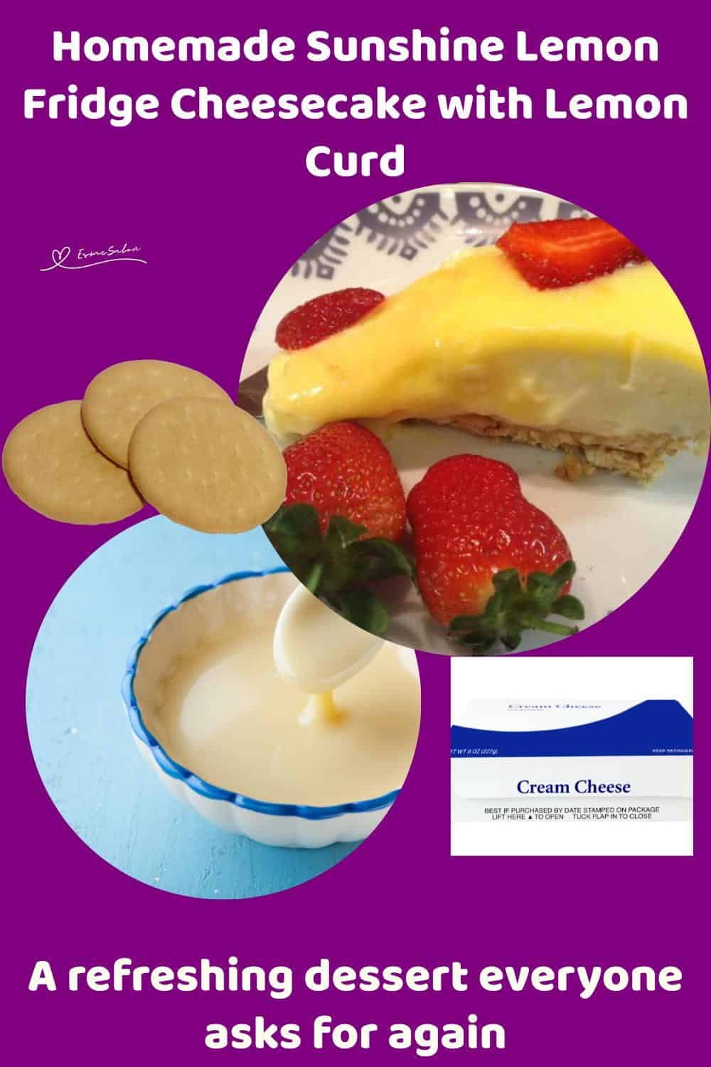 An image of a Sunshine Lemon Fridge Cheesecake decorated with fresh strawberries