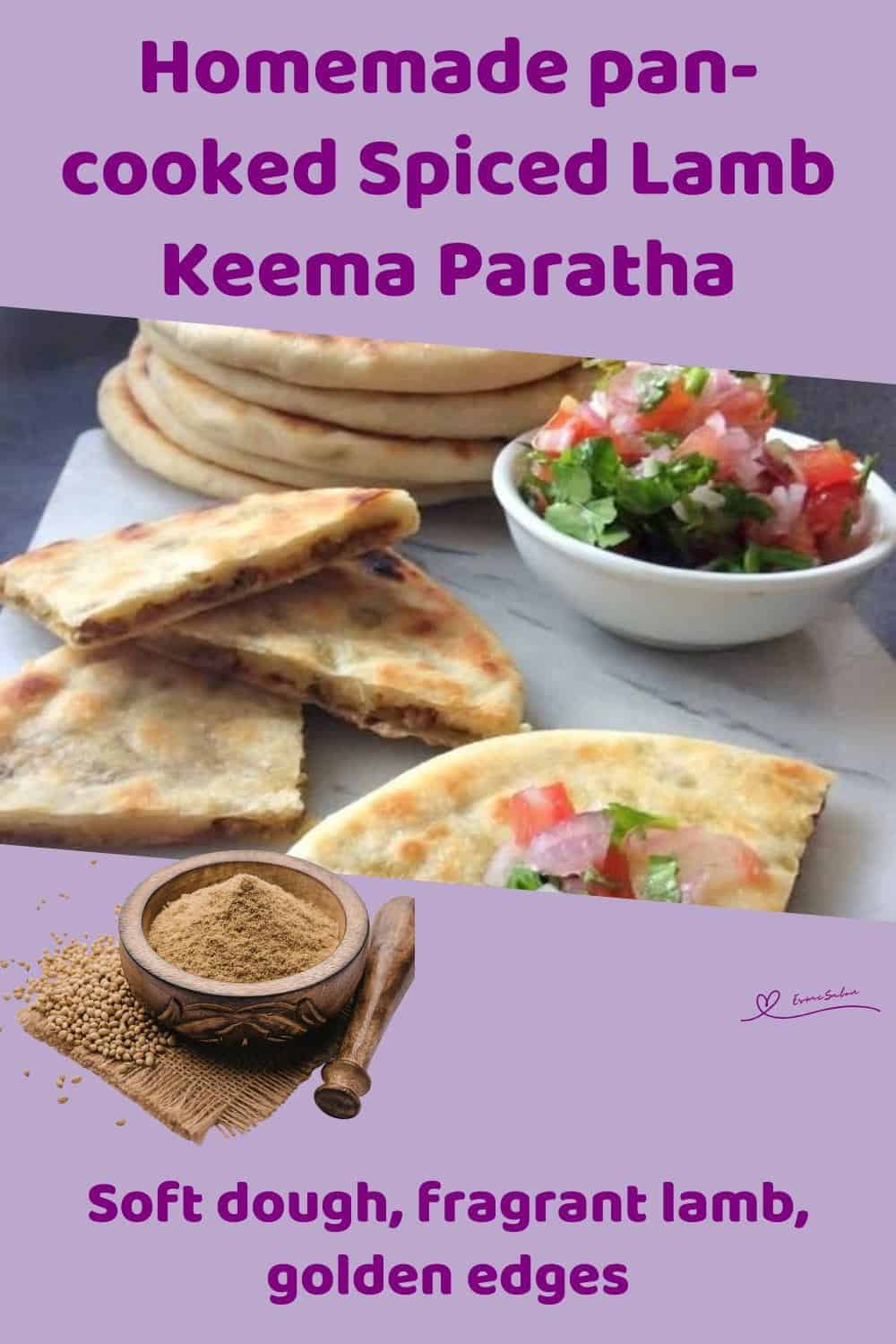 An image of flatbread, Spiced Lamb Keema Paratha on a white platter
