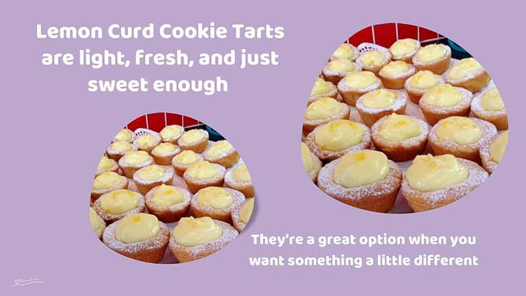 An image of a plate with Lemon Curd Cookie Tarts, dusted with icing sugar