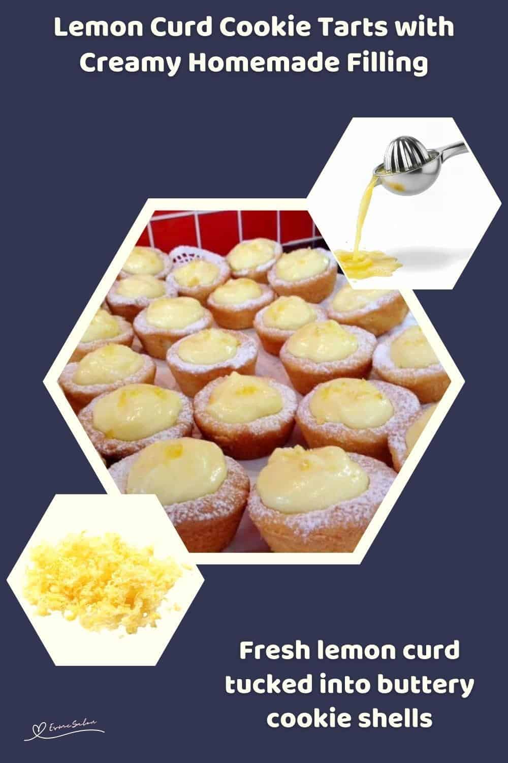 An image of a plate with Lemon Curd Cookie Tarts, dusted with icing sugar