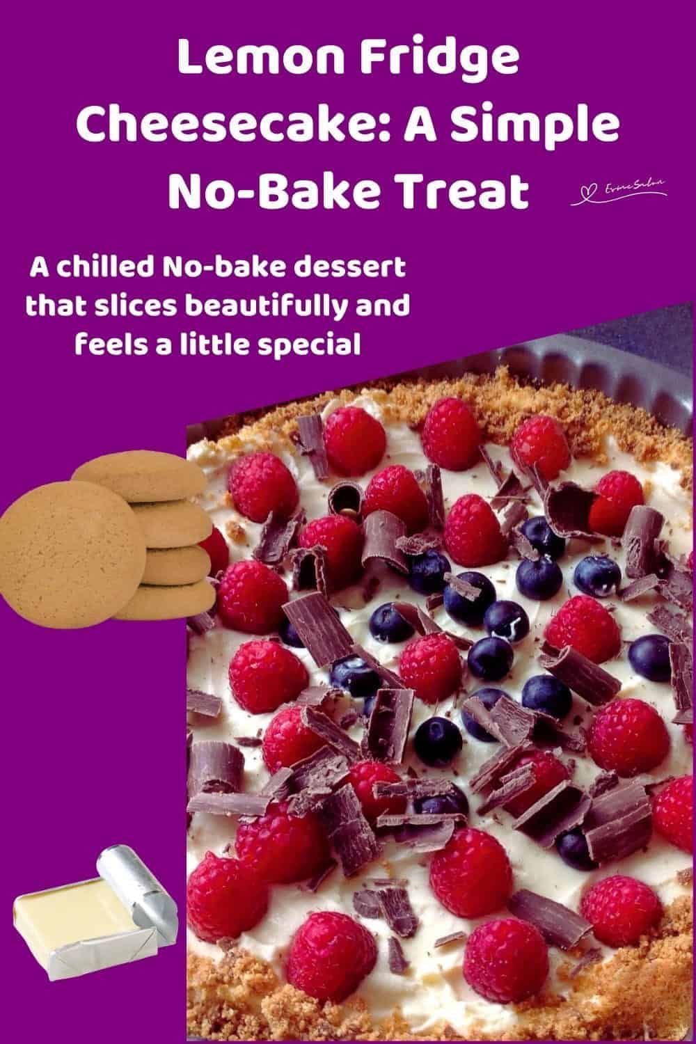An image of a Lemon Fridge Cheesecake decorated with berries and chocolate shavings