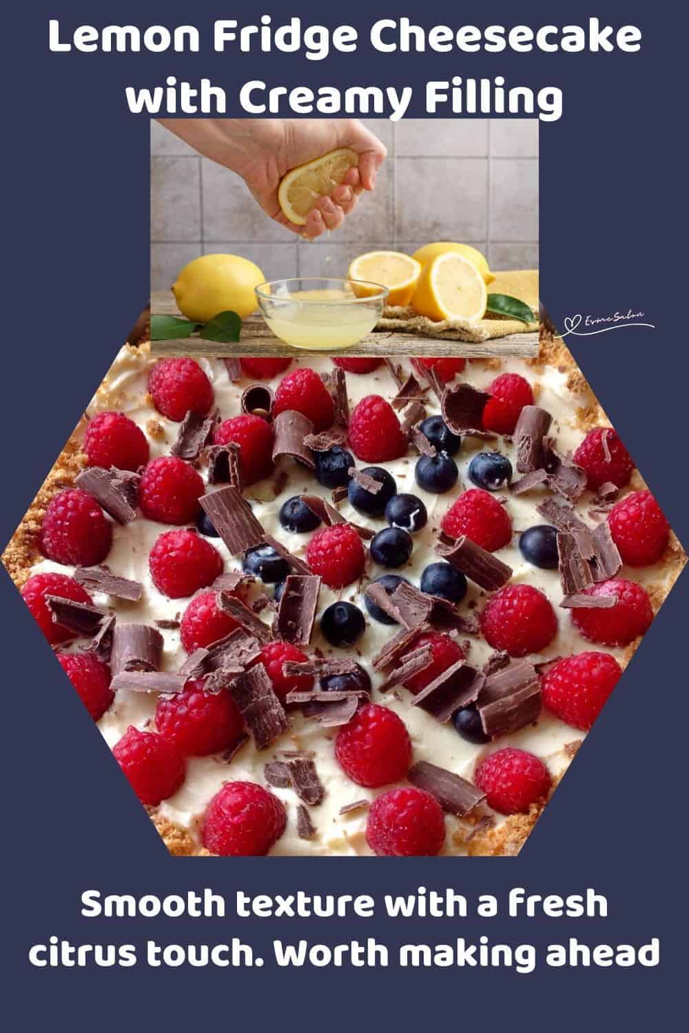 An image of a Lemon Fridge Cheesecake decorated with berries and chocolate shavings