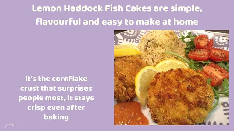 An image of Lemon Haddock Fish Cakes hold their shape and bake up beautifully crisp, served with lemon and couscous