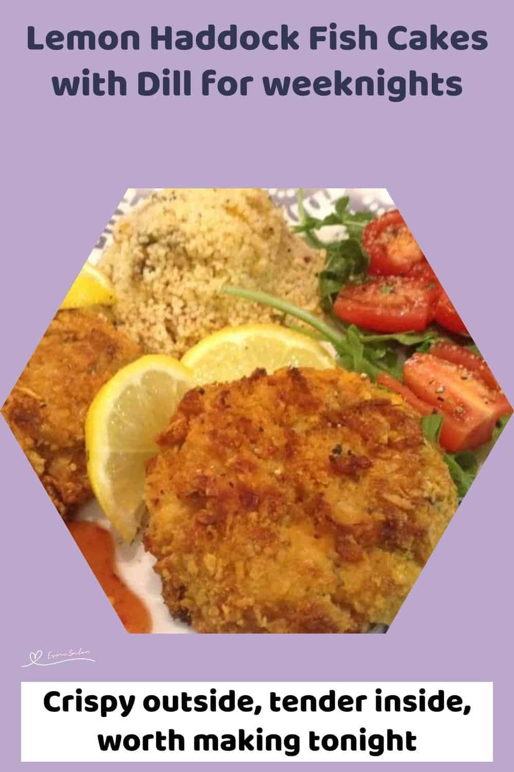 An image of Lemon Haddock Fish Cakes hold their shape and bake up beautifully crisp, served with lemon and couscous