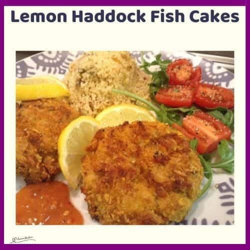 An image of Lemon Haddock Fish Cakes hold their shape and bake up beautifully crisp, served with lemon and couscous