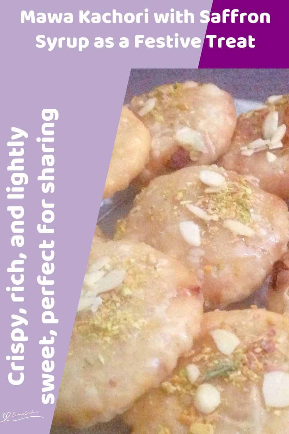An image of a batch of Mawa Kachori with Saffron Syrup and sprinkled with sliced pistachios