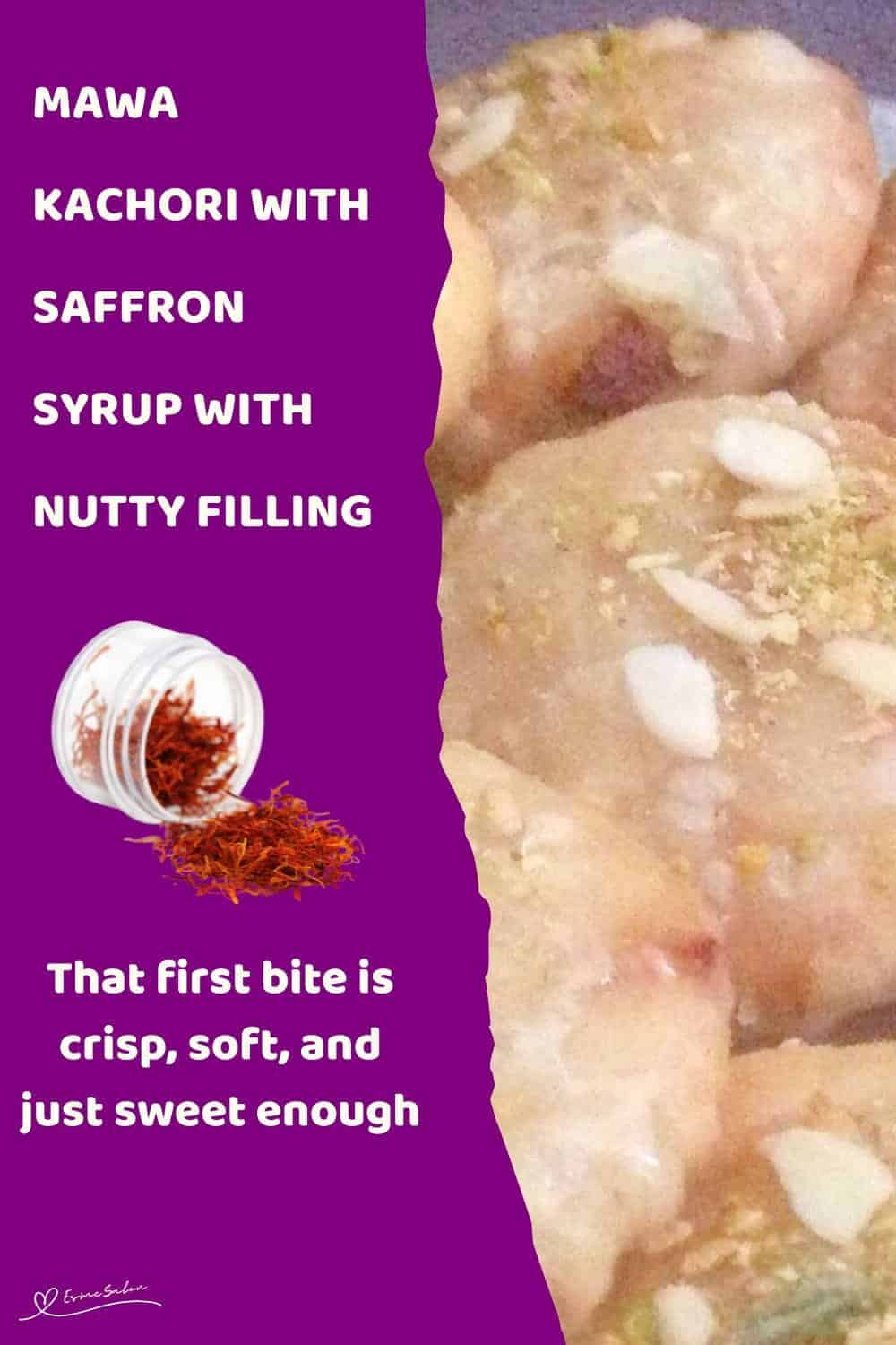 An image of a batch of Mawa Kachori with Saffron Syrup and sprinkled with sliced pistachios