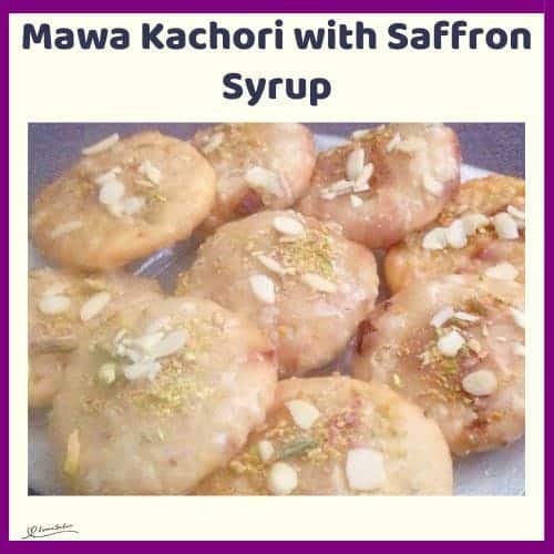 An image of a batch of Mawa Kachori with Saffron Syrup and sprinkled with sliced pistachios