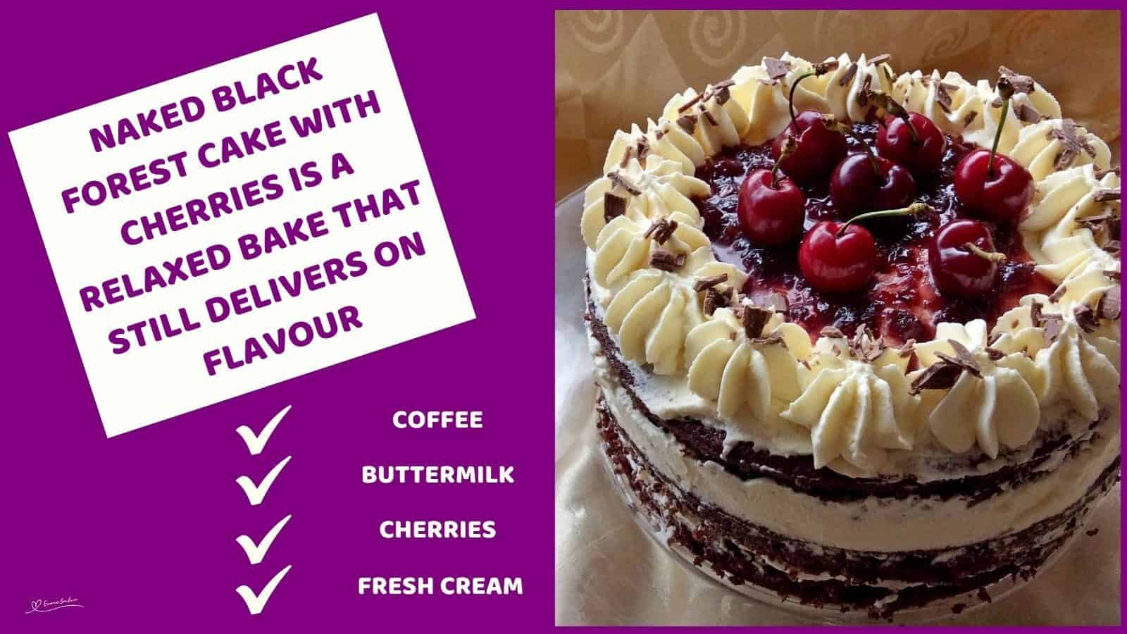 An image of a Naked Black Forest Cake with Cherries and Cream Rosettes