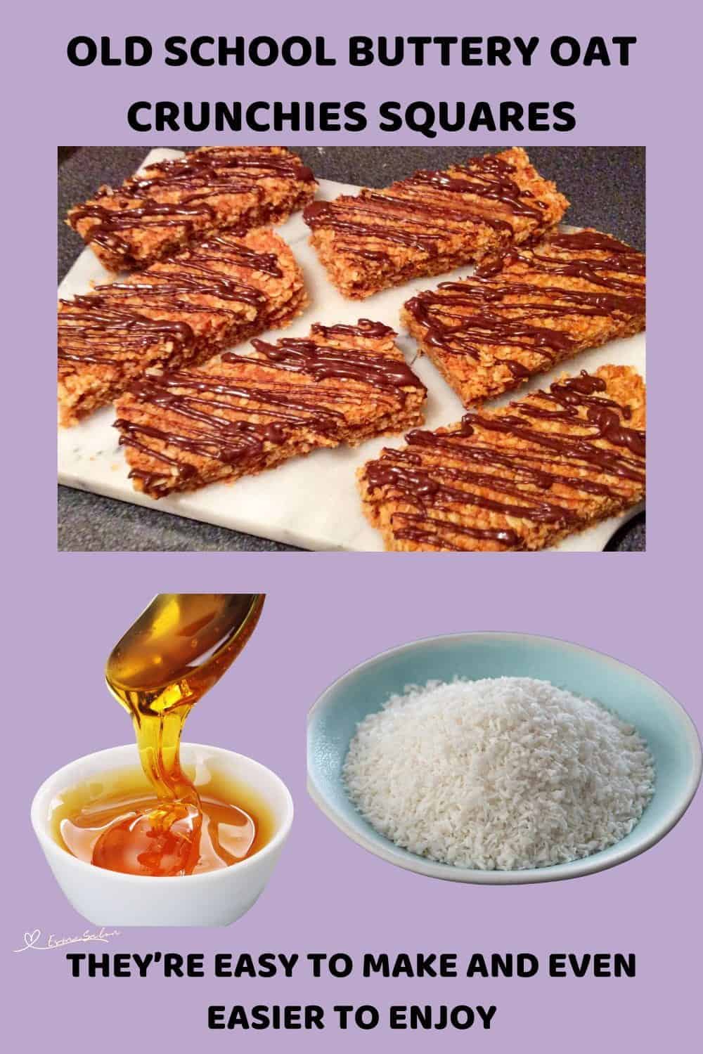 An image of a baking pan of Buttery Oat Crunchies Squares drizzled with chocolate