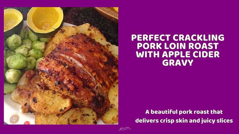 An image of Crackling Pork Loin Roast with roasted potato, Brussels Sprouts and squash