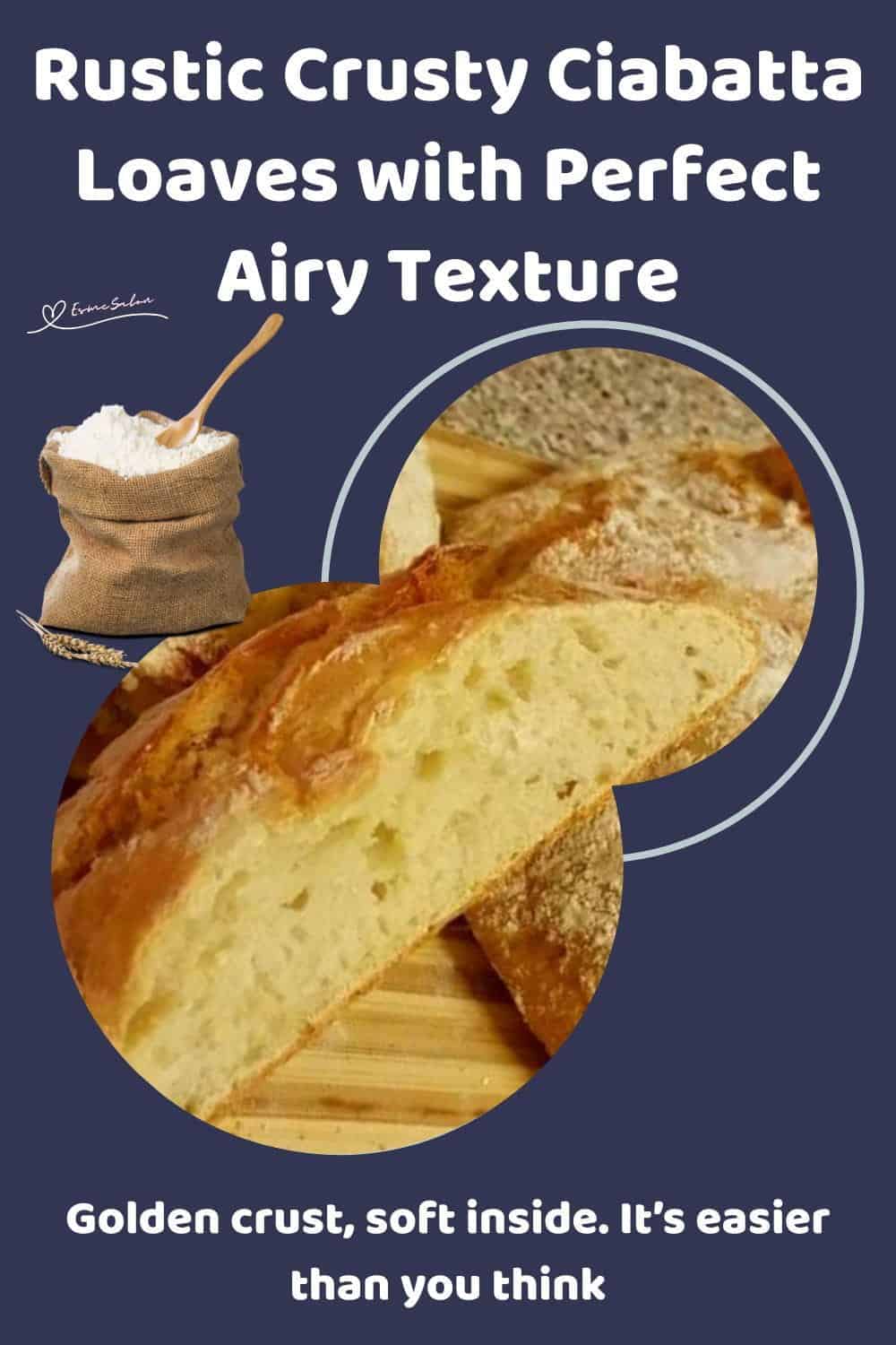An image of 2 Rustic Crusty Ciabatta Loaves on a wooden cutting board