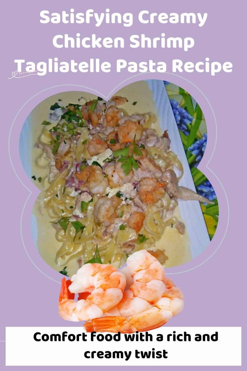 An image of a white platter with Creamy Chicken Shrimp Tagliatelle