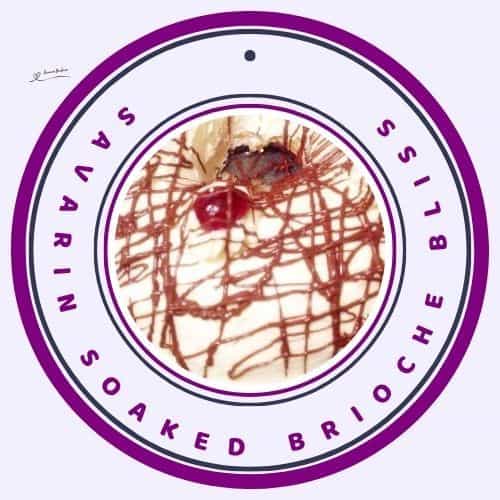 an image of a Savarin Soaked Brioche Bliss topped with cream and chocolate drizzle