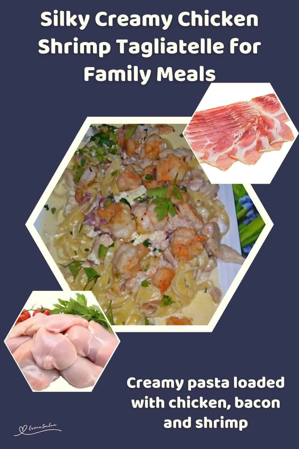 An image of a white platter with Creamy Chicken Shrimp Tagliatelle