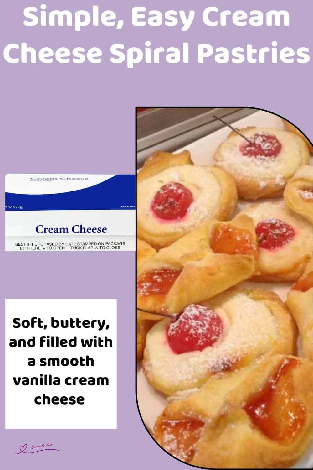 An image of a batch of Cream Cheese Spiral Pastries dotted with cherries or jam