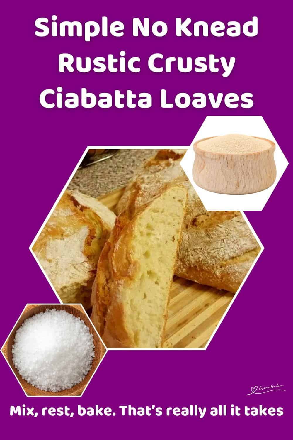 An image of 2 Rustic Crusty Ciabatta Loaves on a wooden cutting board