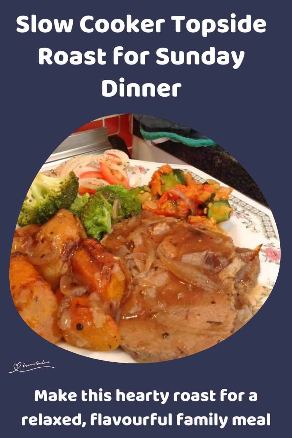 An image of Slow Cooker Topside Roast plated, with veggies and a side of salad
