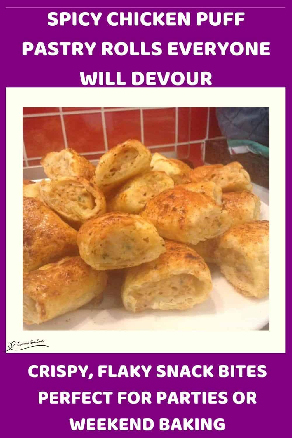 An image of a plate stacked with Spicy Chicken Puff Pastry Rolls
