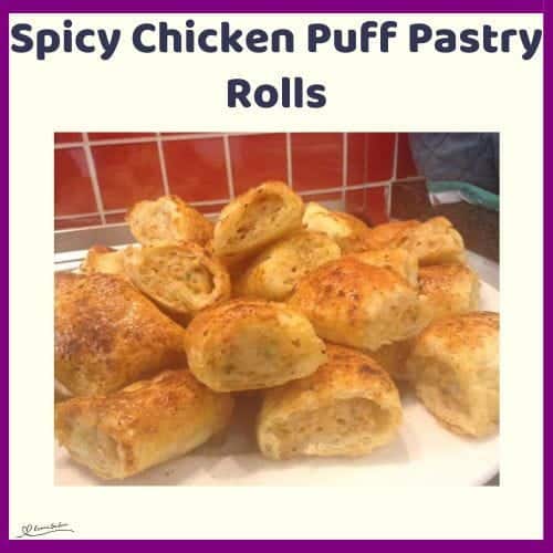 An image of a plate stacked with Spicy Chicken Puff Pastry Rolls