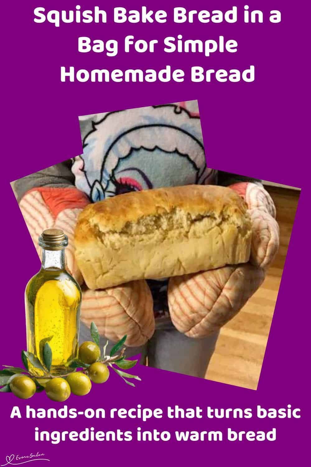 An image of a young girl standing with a Squish Bake Bread in a Bag in her hands, fresh out of the oven