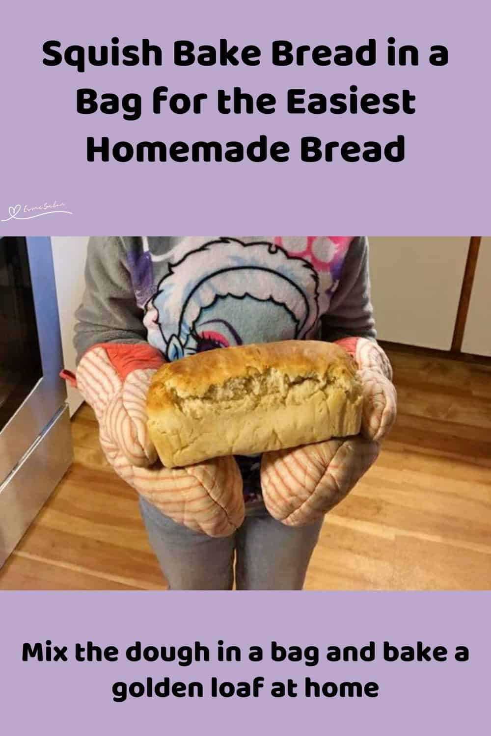 An image of a young girl standing with a Squish Bake Bread in a Bag in her hands, fresh out of the oven