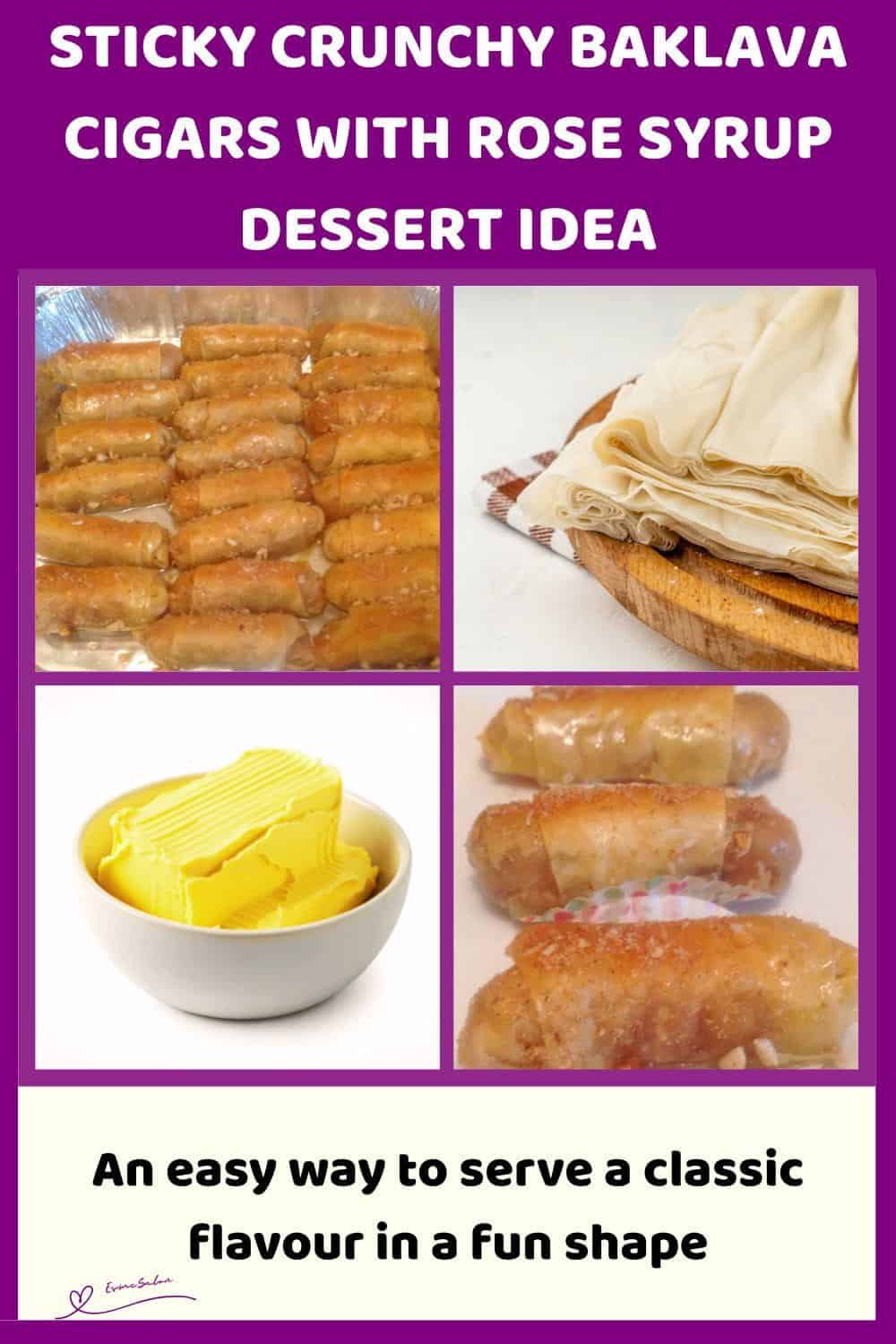 An image of Baklava Cigars with Rose Syrup in a tinfoil pan