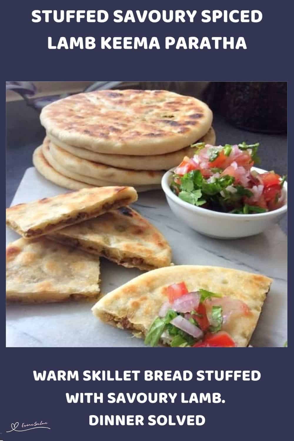 An image of flatbread, Spiced Lamb Keema Paratha on a white platter