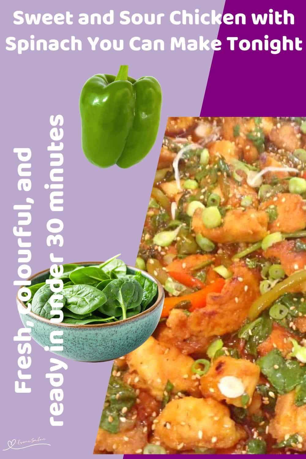 An image of a bowl of Sweet and Sour Chicken with Spinach