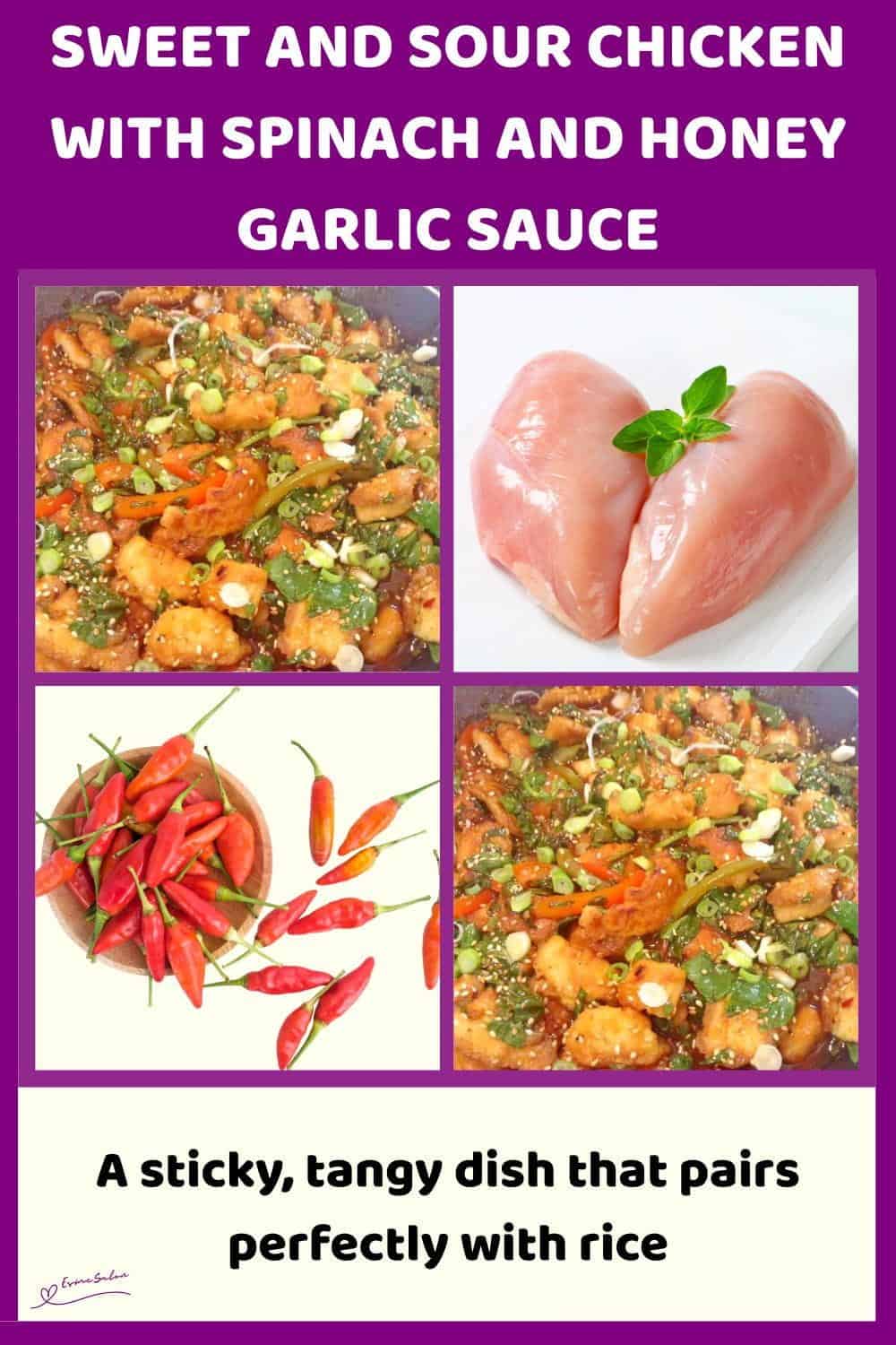 An image of a bowl of Sweet and Sour Chicken with Spinach