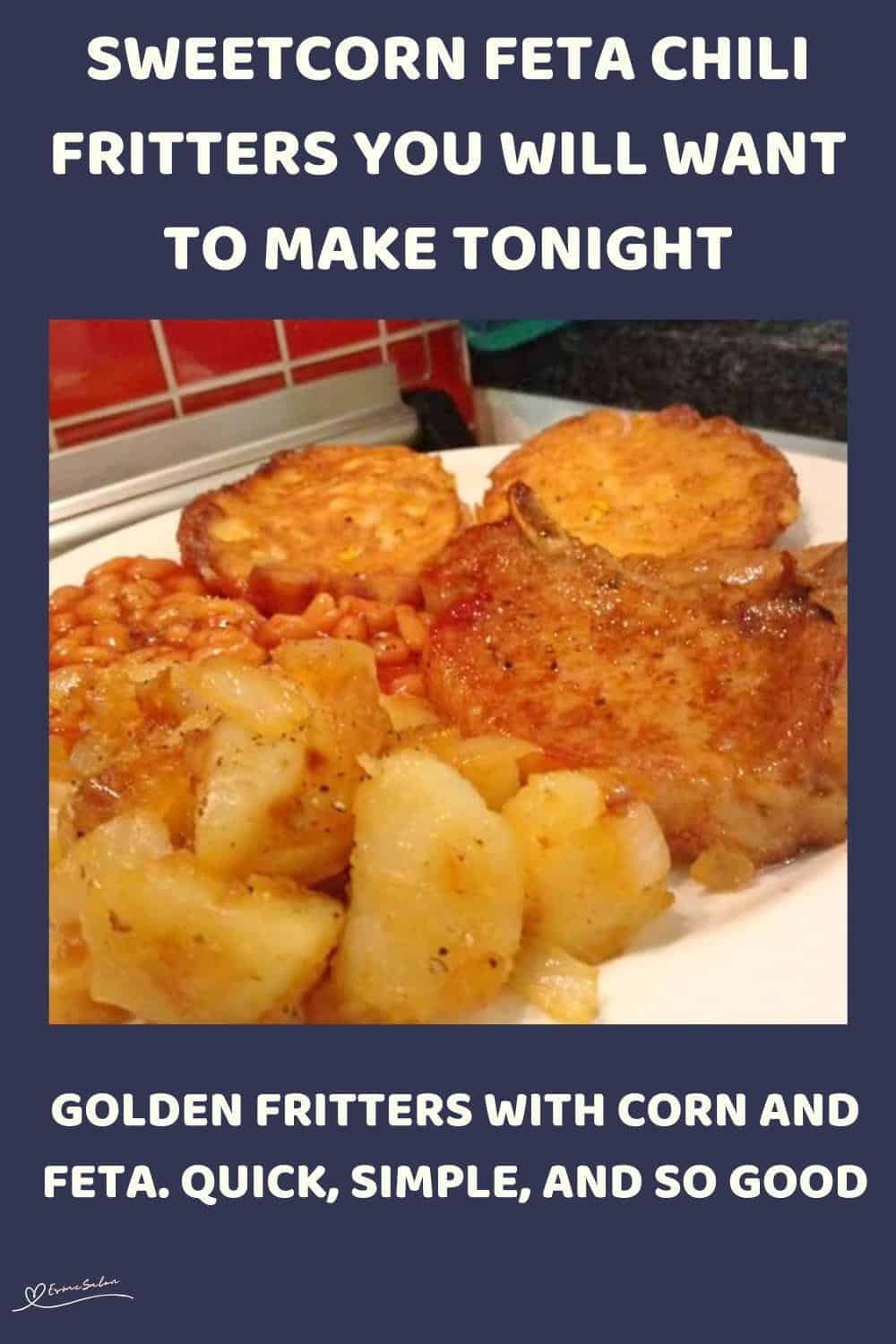 An image of Sweetcorn Feta Chili Fritters plated with meat and potatoes