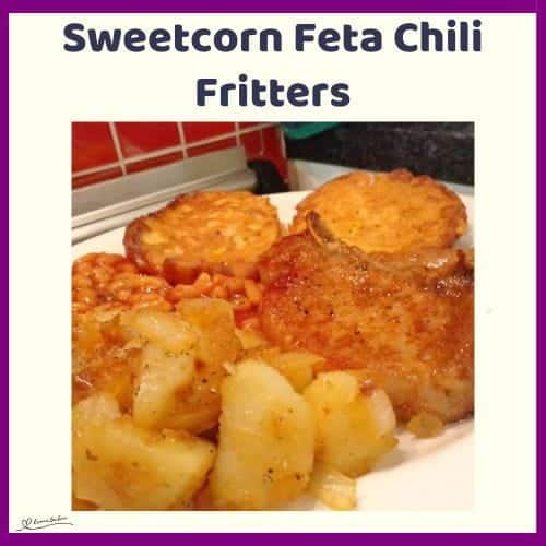 An image of Sweetcorn Feta Chili Fritters plated with meat and potatoes