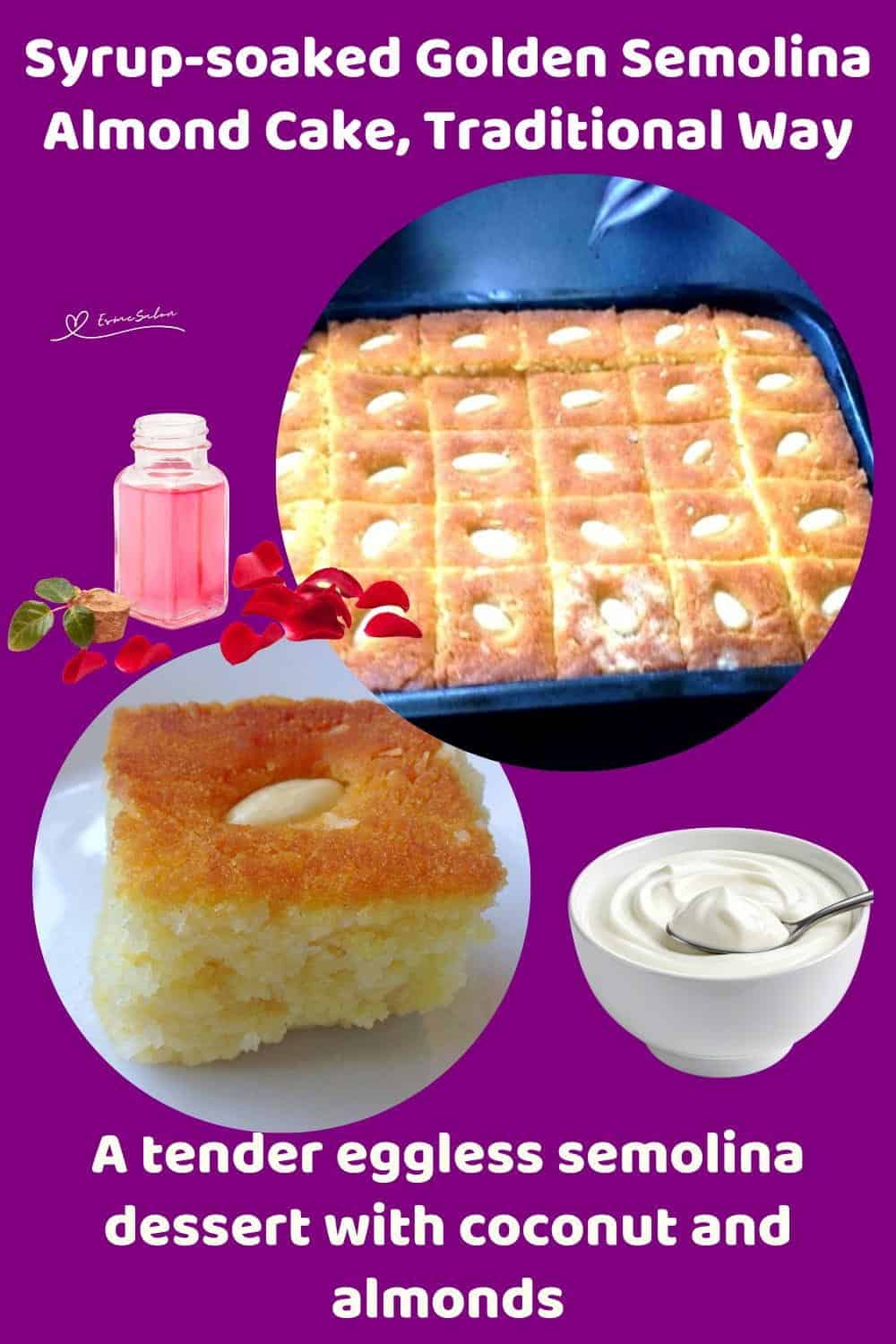 An image of a Golden Semolina Almond Cake in a baking pan, cut into squares with an almond on each