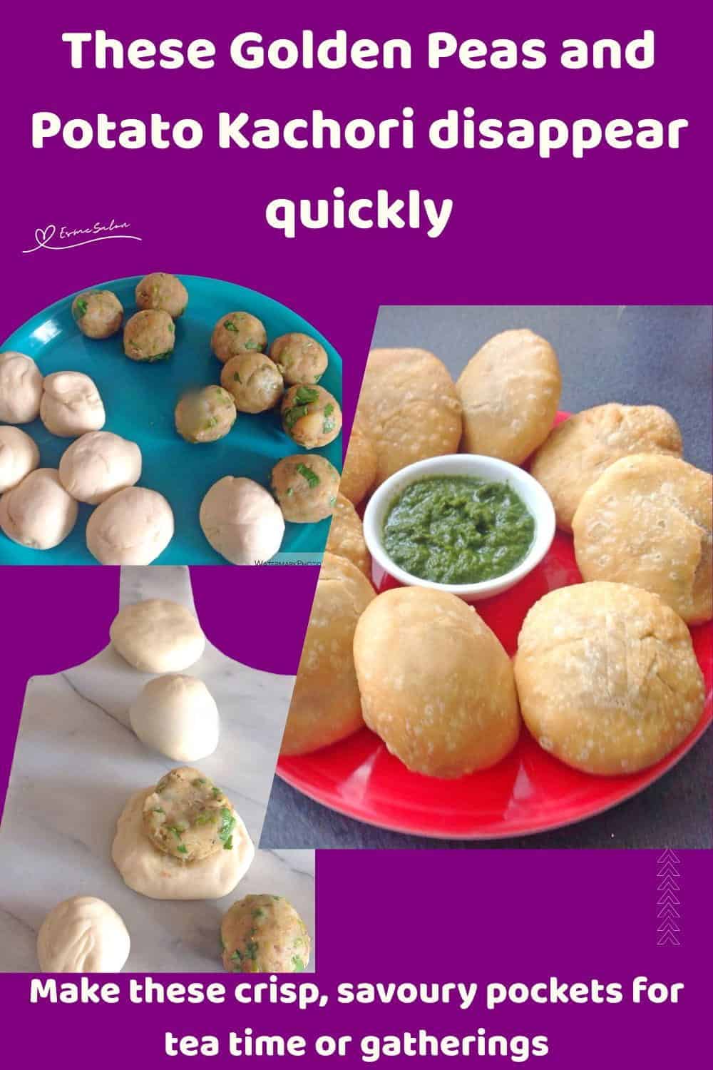 An image of a blue and red platter with Golden Peas and Potato Kachori