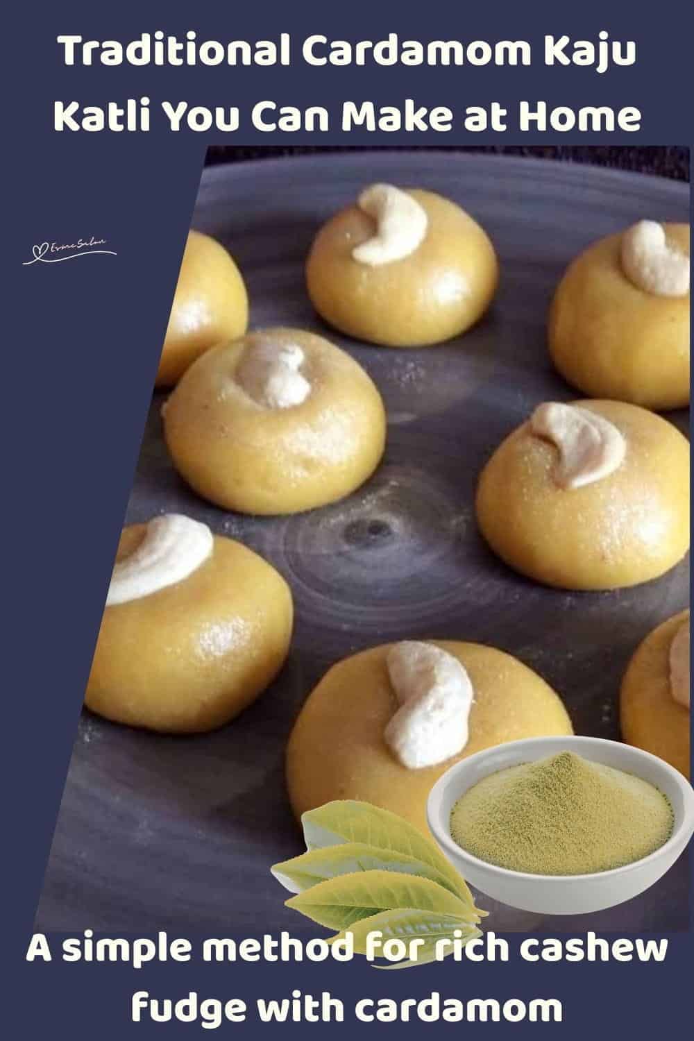 An image of round balls of Cardamom Kaju Katli decorated with a cashew nut