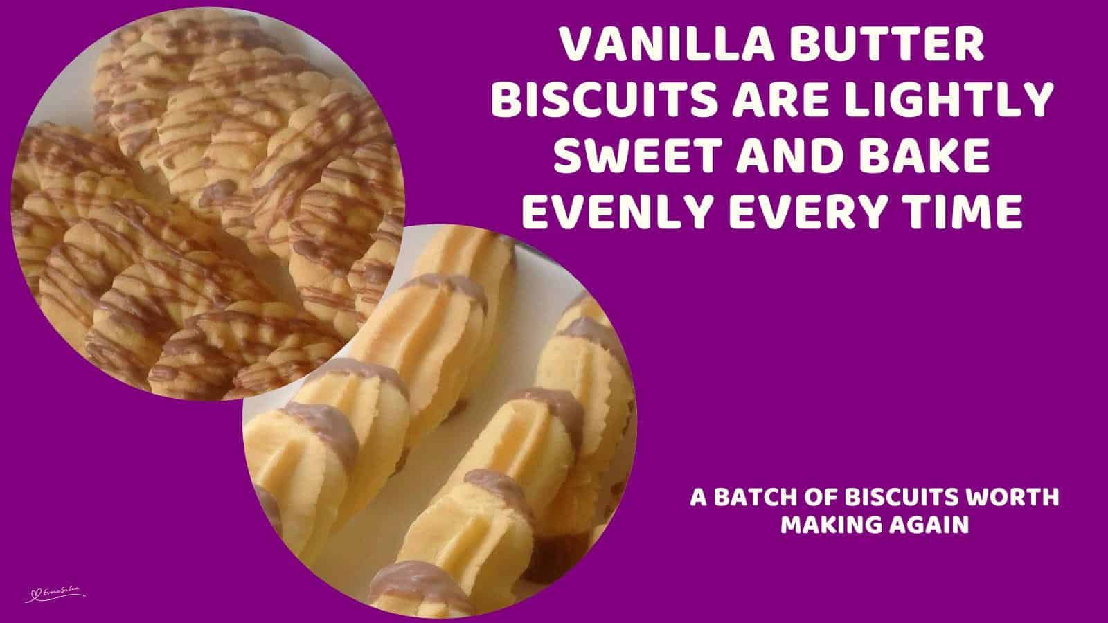 An image of piped Vanilla Butter Biscuits decorated with chocolate