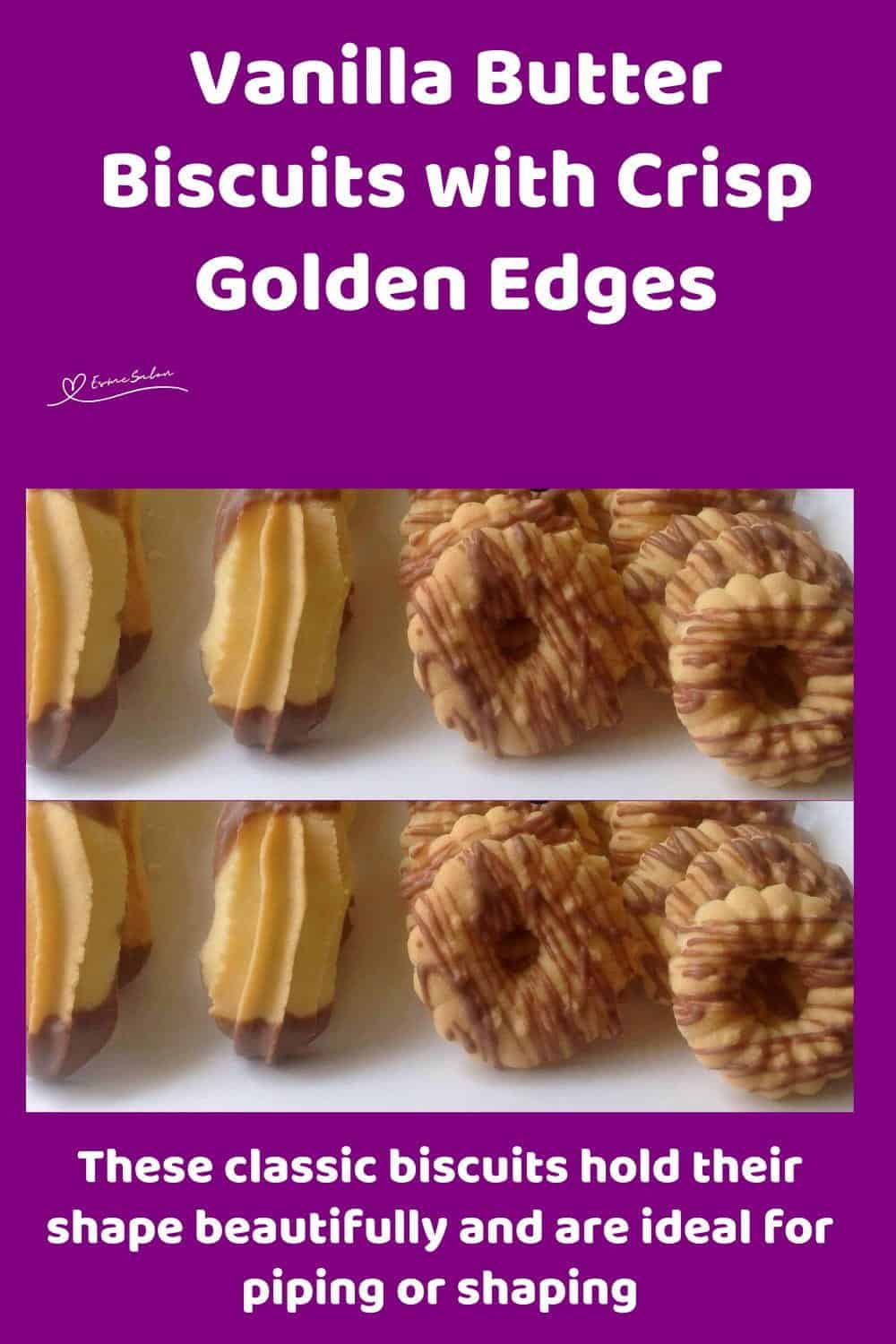 An image of piped Vanilla Butter Biscuits decorated with chocolate