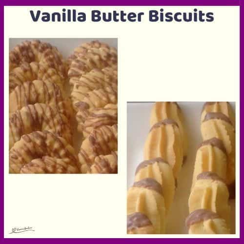 An image of piped Vanilla Butter Biscuits decorated with chocolate