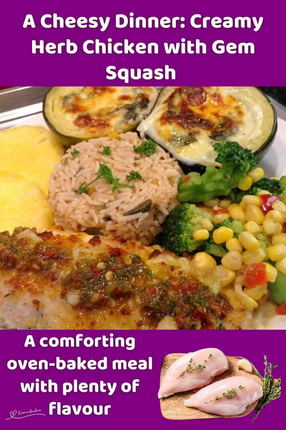 An image of Creamy Herb Chicken Breast, Gem Squash with melted cheese, veggies and rice
