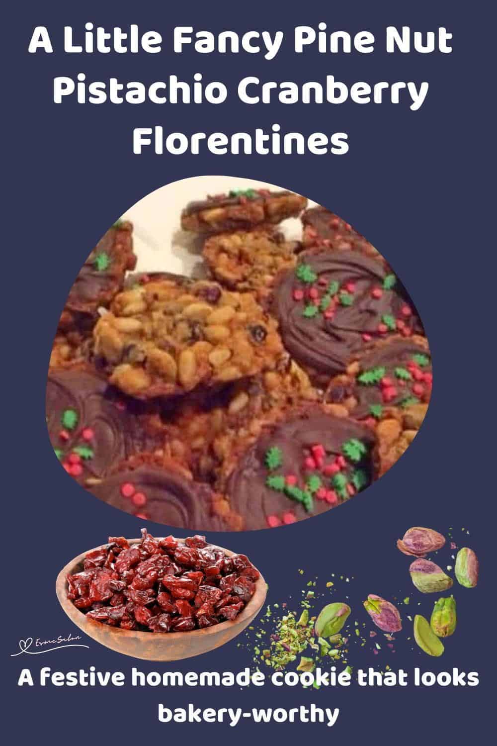 An image of a stack of Pine Nut Pistachio Cranberry Florentines with chocolate bottoms and fancy Christmas Sprinkles